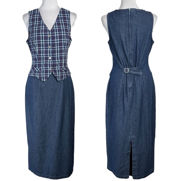 My Michelle Dresses & Skirts - Vintage 90s Plaid Denim Midi Vest Dress Size S Jumper Cottage Teacher Ivy Preppy